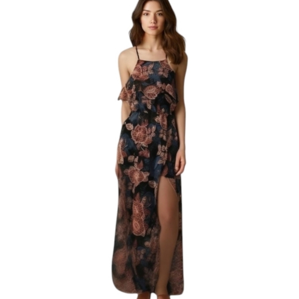 𝅺IZ Byer Floral Halter Keyhole Back Side Slit Maxi Dress